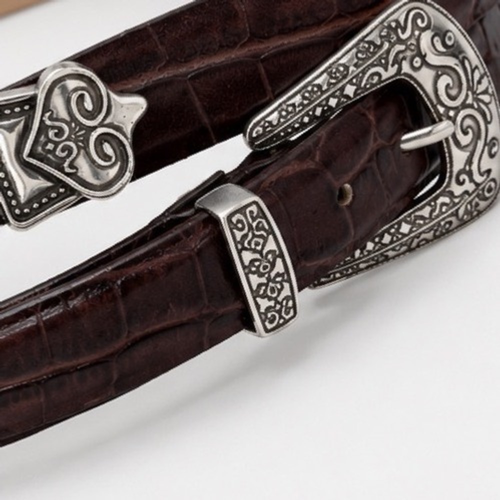 Lake Shore Drive Womens Large Brown Croc Embossed Leather Western Belt Silver